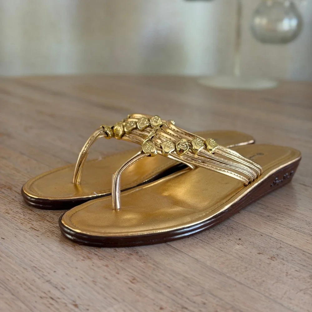 Womens Gold Metallic Sandals Multi Strap Wedge Sz 6 Tropical Casual Summer Beach